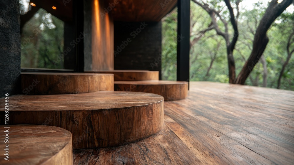 Fototapeta premium A serene wooden interior with circular steps leading to a natural outdoor space, surrounded by greenery and modern architectural elements.