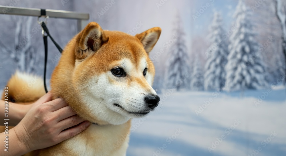 Shiba inu in winter grooming session with snowy landscape background Shiba inu in winter grooming session with snowy landscape background
