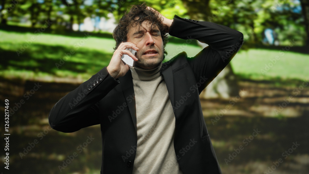 Man outdoors in park talking on phone looking distressed wearing suit in sunlight under trees.