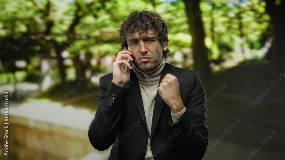 Young man in a park on a phone call exhibits determination wearing a turtleneck sweater and a blazer, surrounded by greenery, capturing a moment of resolve. Young man in a park on a phone call exhibits determination wearing a turtleneck sweater and a blazer, surrounded by greenery, capturing a moment of resolve.