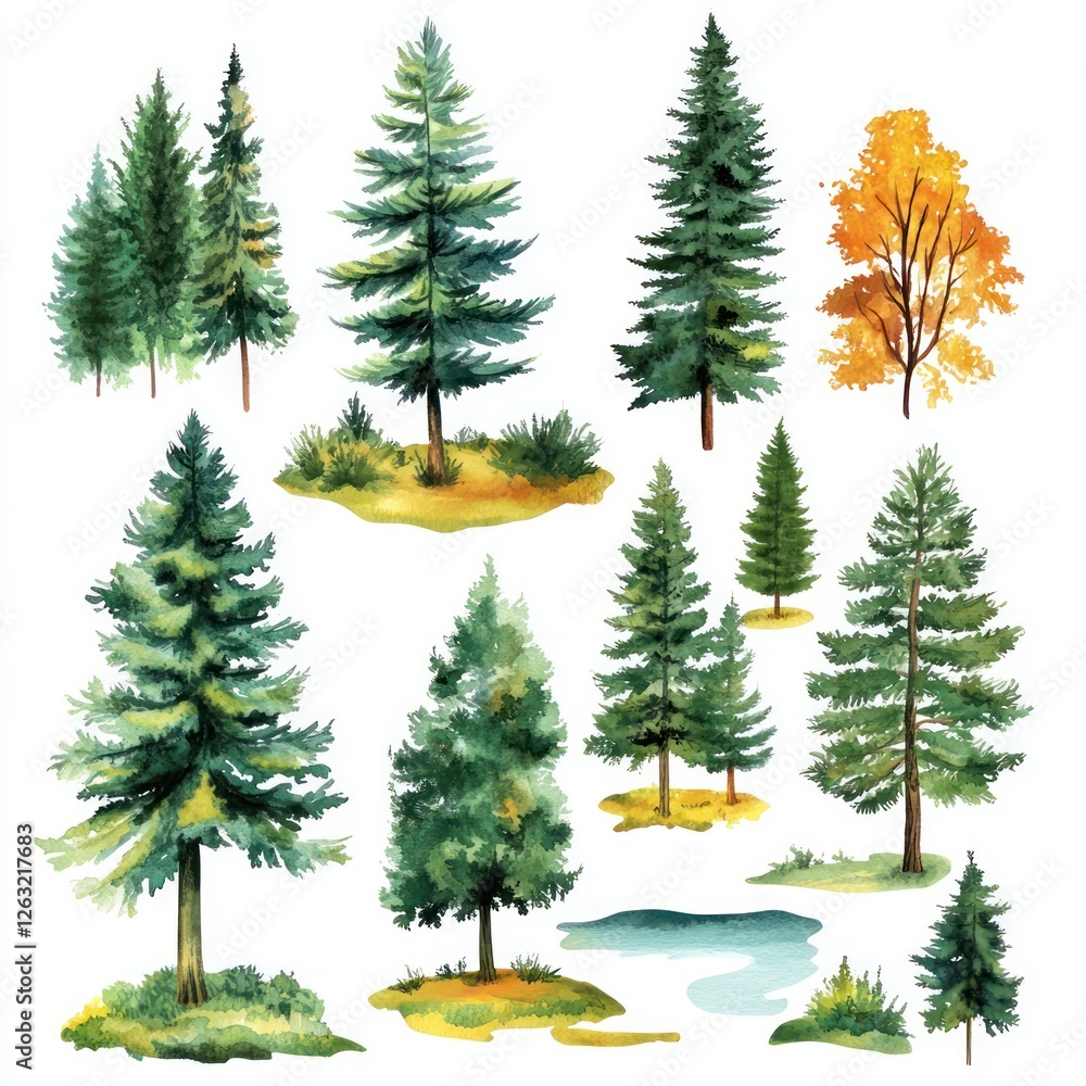 Fototapeta premium Watercolor Painting of Various Evergreen and Autumn Trees