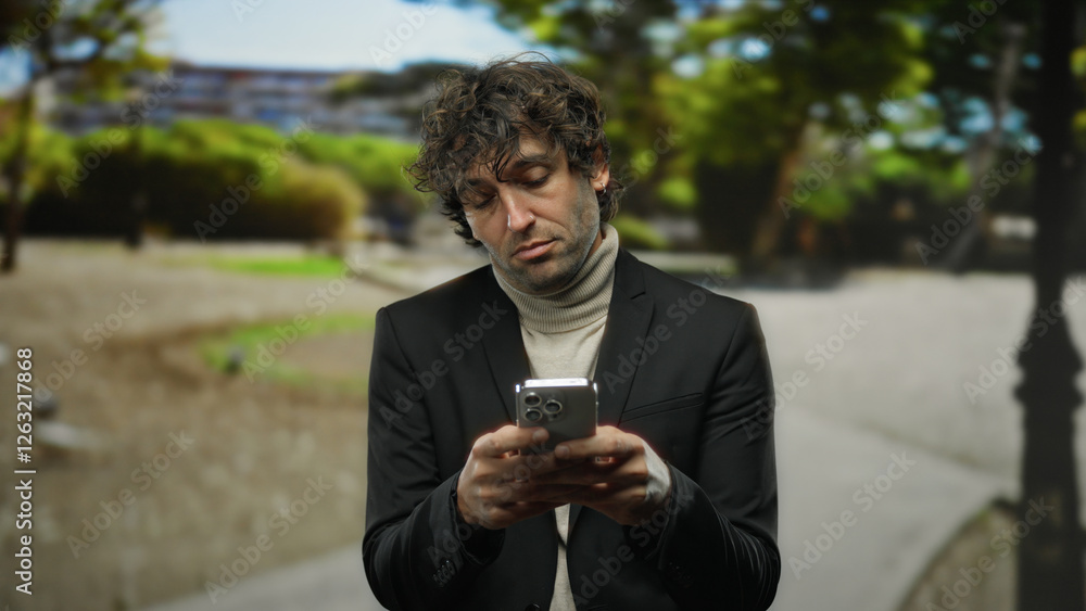 Young man using smartphone outdoors in park with blurred trees in background wearing jacket focused expression daytime setting mature attractive Young man using smartphone outdoors in park with blurred trees in background wearing jacket focused expression daytime setting mature attractive