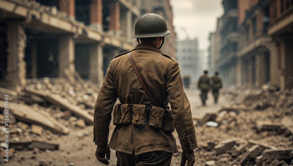 A lone soldier walks through a devastated city, highlighting the destruction and loss caused by war. A lone soldier walks through a devastated city, highlighting the destruction and loss caused by war.