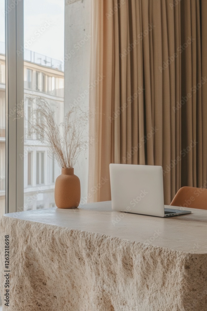 Rustic stone table with silver laptop and ceramic vase in modern workspace - boho feminine aesthetic faceless content for social media, minimalist instagram, pinterest logo brand design