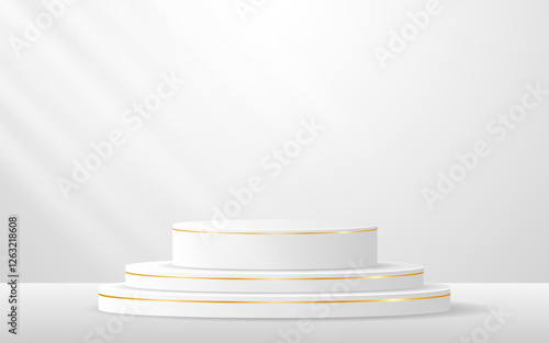 Multi-layered white podium with elegant gold lines for product presentation. Display of cosmetic products. Stage or podium. vector illustration	