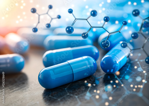 Blue Capsules & Molecular Structure – Medical Science & Pharmaceutical Research

