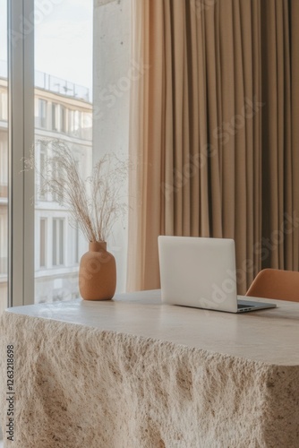 Obraz na płótnie Rustic stone table with silver laptop and ceramic vase in modern workspace - boho feminine aesthetic faceless content for social media, minimalist instagram, pinterest logo brand design w salonie