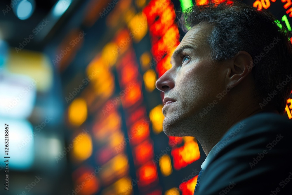 Obraz premium Stockbroker looking at electronic board displaying real-time stock market data, analyzing financial trends and making investment decisions
