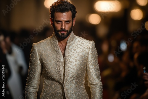 Bearded male model wearing an embroidered sherwani walks the runway during a fashion show photo