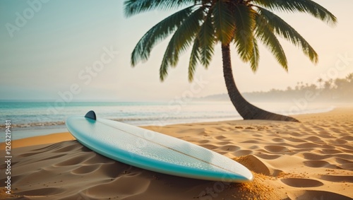 Surfboard lying on a golden beach, beneath the shade of a palm tree, ready for a surfing adventure.