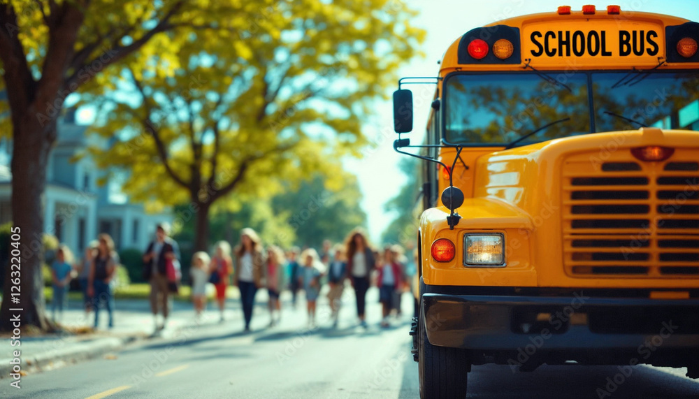 Obraz premium Bright yellow school bus parked on a suburban street with students waiting to board.