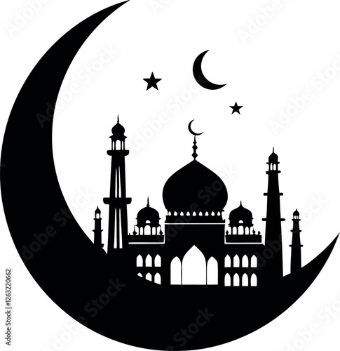 Minimalistic Black Silhouette of a Crescent Moon | Ramadan and Eid Concept Vector Illustration | Hand-Drawn Islamic Symbol Artwork | Holy Month, Spirituality, and Religious Celebration Design