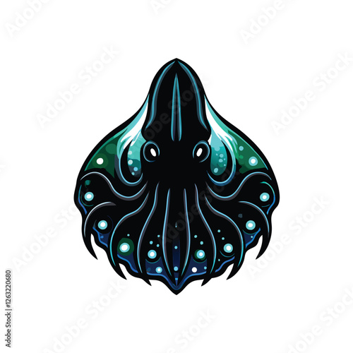 Create a realistic vector illustration of a vampire squid, showcasing its bioluminescent features and deep-sea habitat.  Include intricate detail and accurate anatomy.