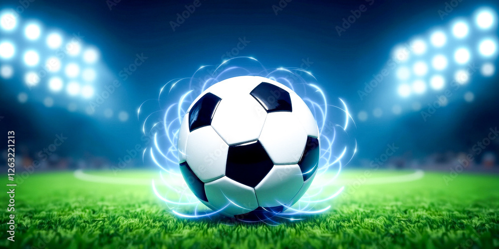 Fototapeta premium close-up of energetic soccer ball on field under stadium lights