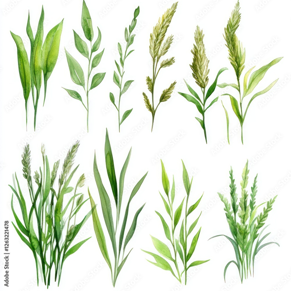Fototapeta premium Watercolor Painting of Various Green Plants and Grasses