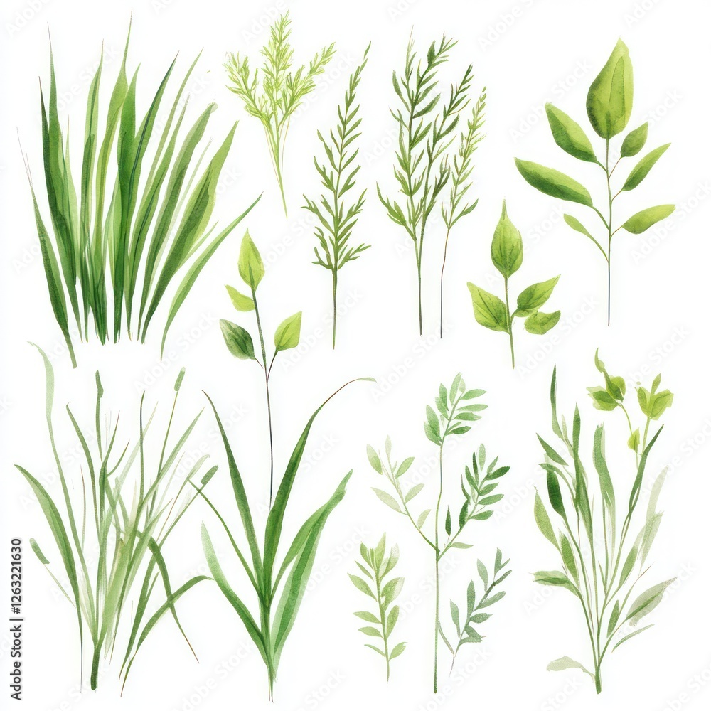 Obraz premium Watercolor Collection of Various Green Plants and Greenery