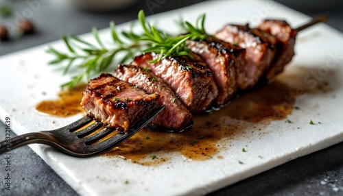 Fototapeta Naklejka Na Ścianę i Meble -  Grilled Beef Skewer with Rosemary and Sauce on a White Plate