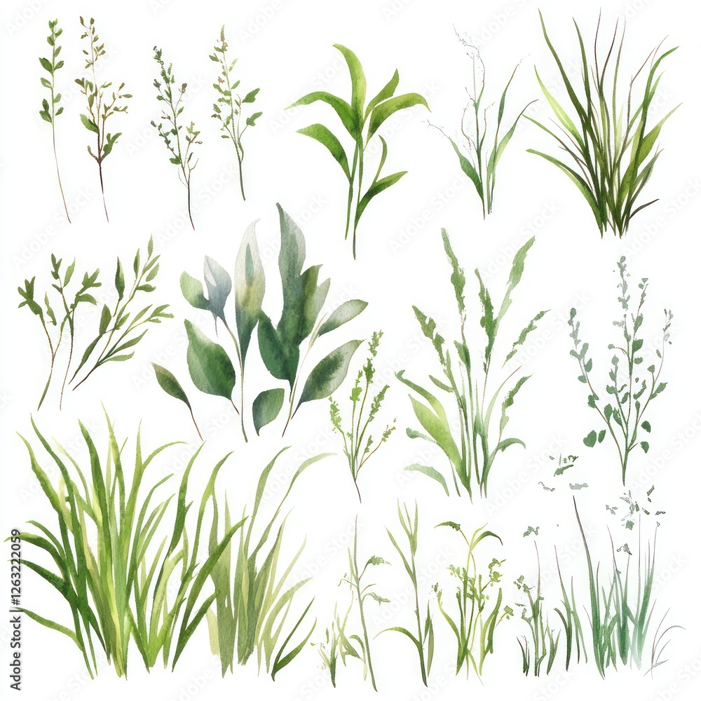 Obraz premium Watercolor Collection Of Various Green Plants And Grasses