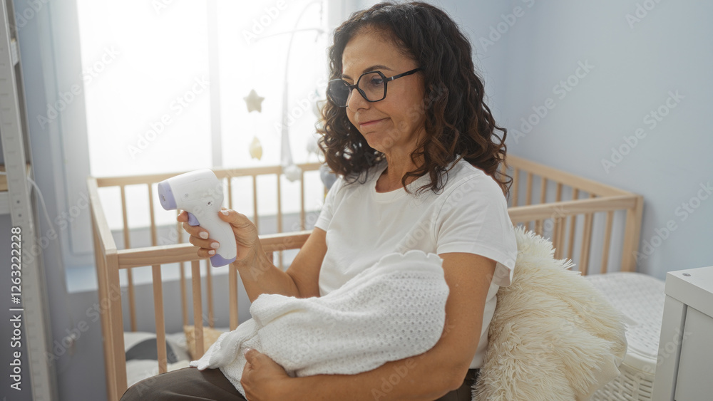 Woman holding baby in bedroom, using thermometer with cradle in background, showcasing nurturing moment in home setting. Woman holding baby in bedroom, using thermometer with cradle in background, showcasing nurturing moment in home setting.