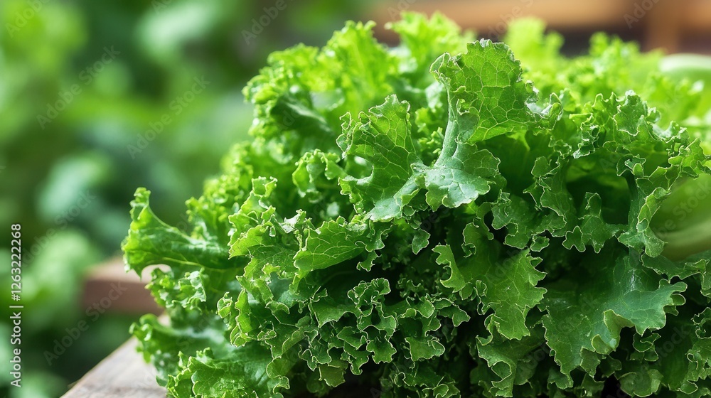 Close-up of fresh green curly lettuce with textured leaves against a blurred plant background. Close-up of fresh green curly lettuce with textured leaves against a blurred plant background.