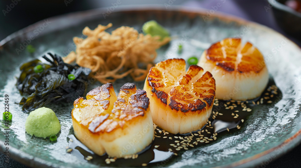 Michelin-starred dish of pan-seared scallops with sesame sauce, crispy seaweed, and wasabi on ceramic plate. Michelin-starred dish of pan-seared scallops with sesame sauce, crispy seaweed, and wasabi on ceramic plate.