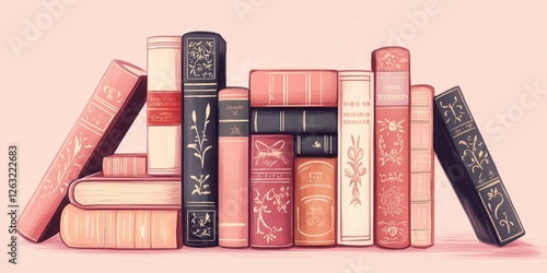 Stack of ornate vintage books in muted pink and black