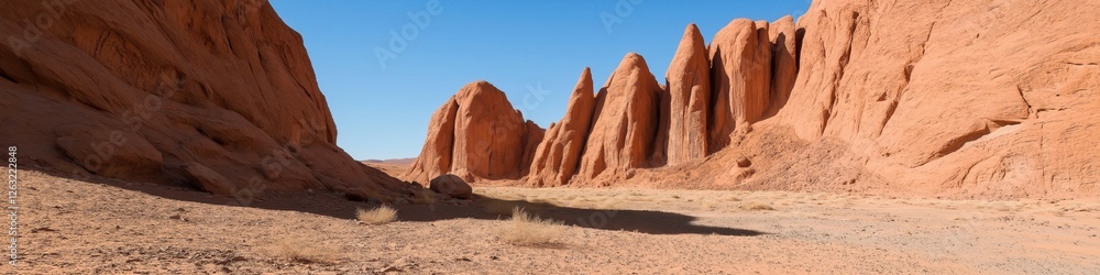 A desert landscape with a large canyon and a few small hills. The sky is clear and blue A desert landscape with a large canyon and a few small hills. The sky is clear and blue