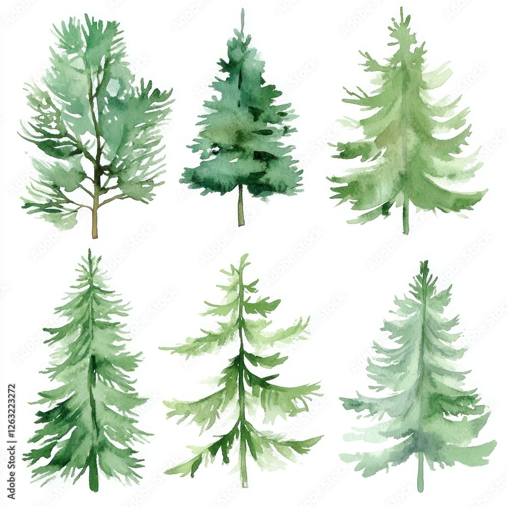 Obraz premium Watercolor Painting of Six Different Evergreen Trees