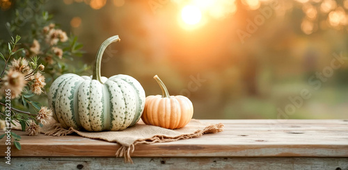 two pumpkins on rustic wooden table in warm sunset light photo