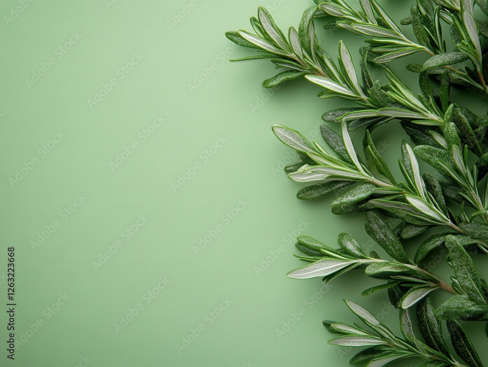 Fresh rosemary sprig on a green background, top-down view. A natural seasoning for culinary use, organic dishes, and homemade recipes.
Fresh rosemary sprig on a green background, top-down view. A natural seasoning for culinary use, organic dishes, and homemade recipes.