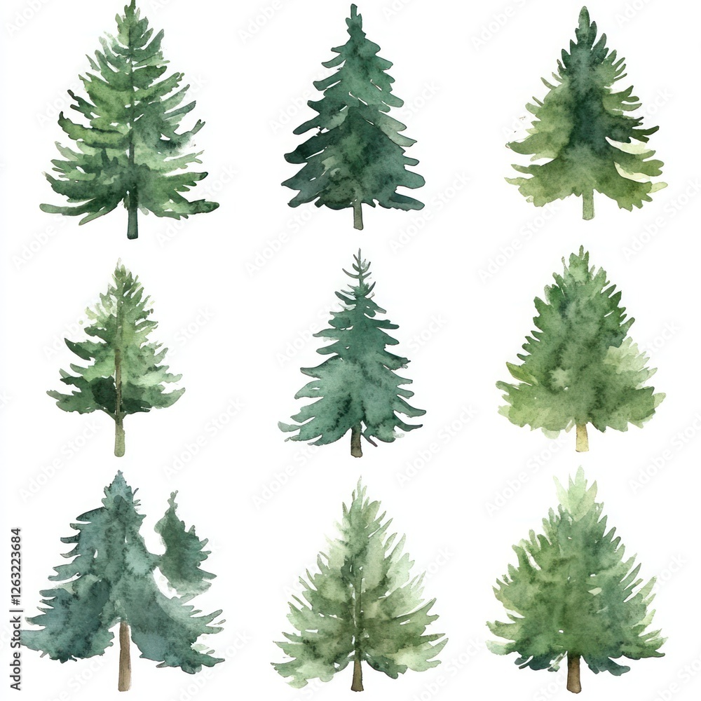Obraz premium Watercolor Illustrations of Nine Evergreen Trees