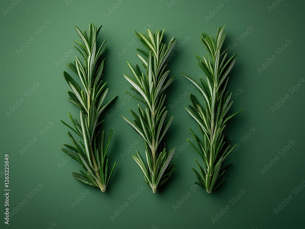 Obraz premium Fresh rosemary sprig on a green background, top-down view. A natural seasoning for culinary use, organic dishes, and homemade recipes.