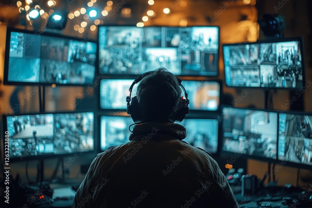 Operator wearing headphones working at night in the control center watching video screens with security cameras Operator wearing headphones working at night in the control center watching video screens with security cameras