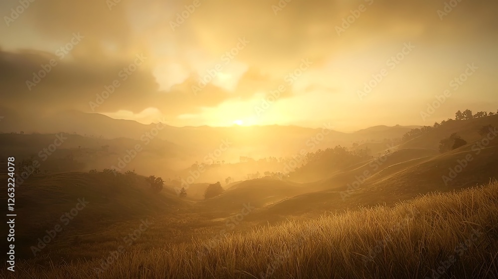 Fototapeta premium Golden sunrise over a misty mountain valley.