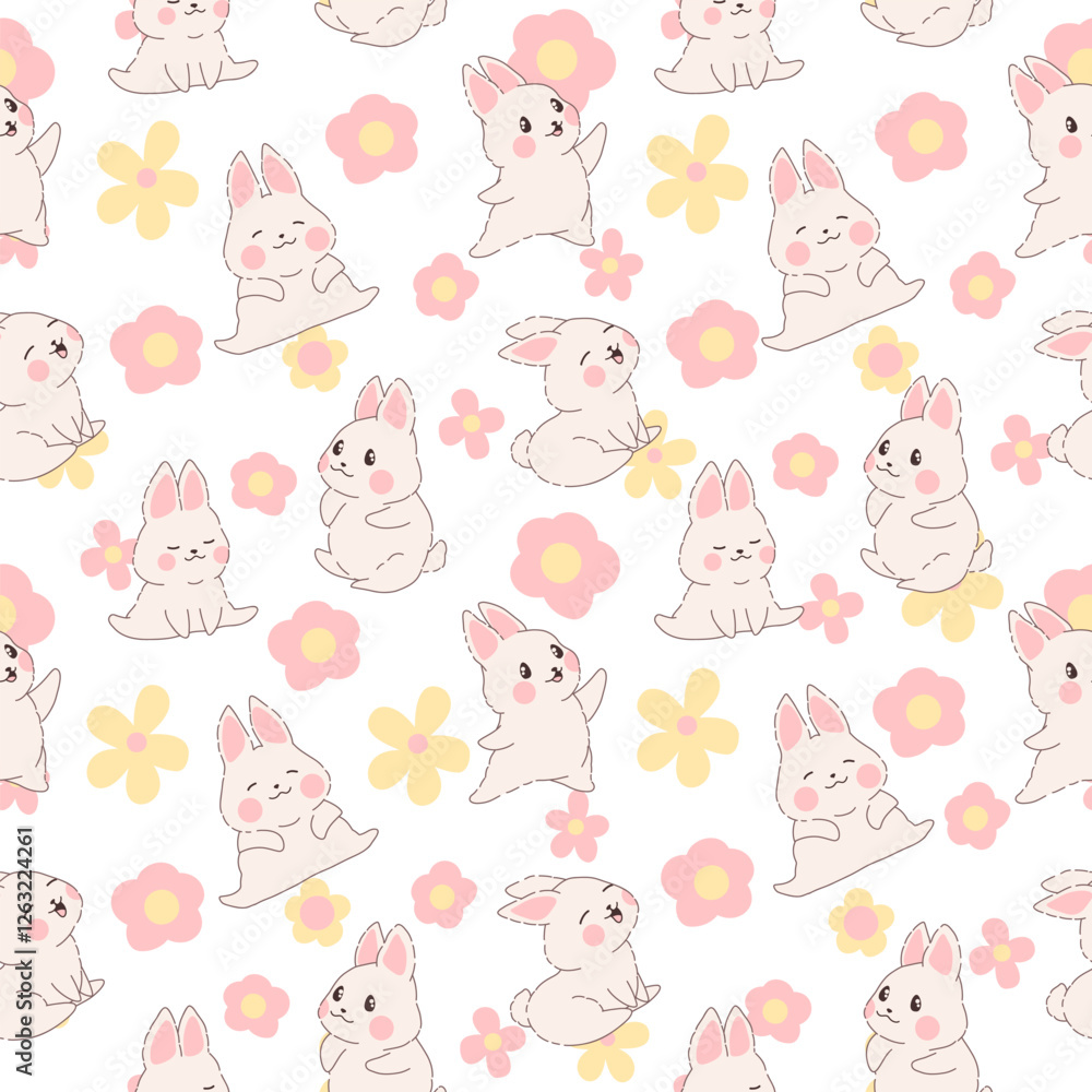 Seamless vector pattern with kawaii bunnies and flowers. Adorable rabbits create a playful Easter design. Ideal for gift wrapping, baby products, textiles, wallpapers Seamless vector pattern with kawaii bunnies and flowers. Adorable rabbits create a playful Easter design. Ideal for gift wrapping, baby products, textiles, wallpapers