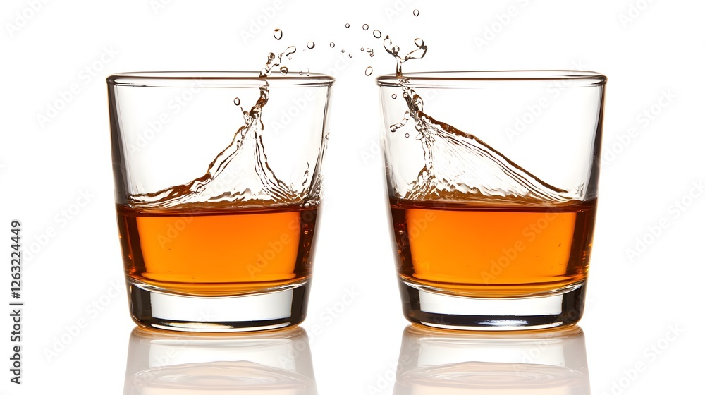 Refreshing Brown Drink Splashes in Clear Glasses on White Background Refreshing Brown Drink Splashes in Clear Glasses on White Background