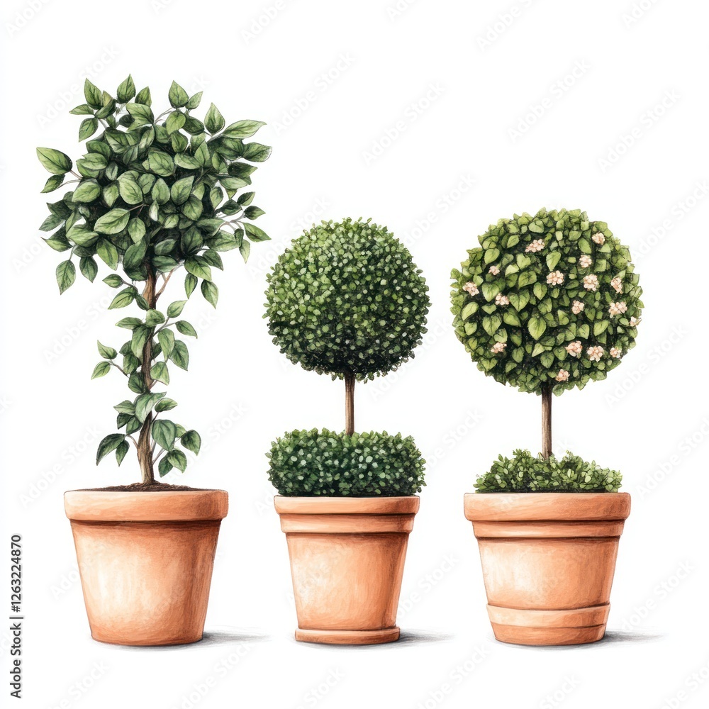 Fototapeta premium Three potted plants in terracotta pots stand in a row