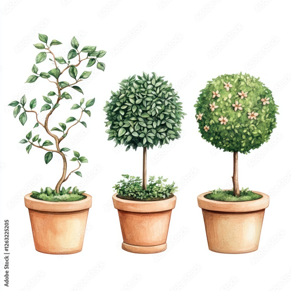 Naklejka premium Three potted plants watercolor illustration showing diverse greenery