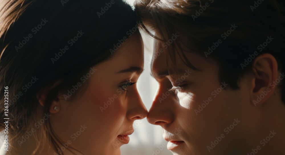 Intimate connection of young couple in soft lighting Intimate connection of young couple in soft lighting