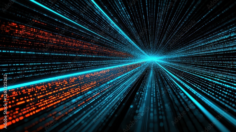 Fototapeta premium A captivating visual of glowing blue and red lines representing data streams, converging towards a bright center, evoking a sense of speed and digital connectivity.