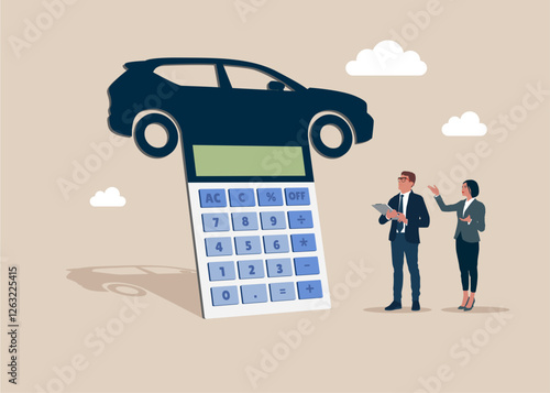 Car credit calculation. Transport  investment or transport refinance money. Automobile finance economy. Flat vector illustration