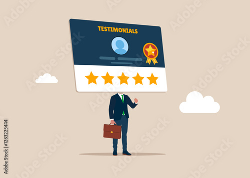 Businessman with a certificate feedback giving 5 stars rating instead of a head on shoulders. L24-7 support service,  working hours. Flat vector illustration. 