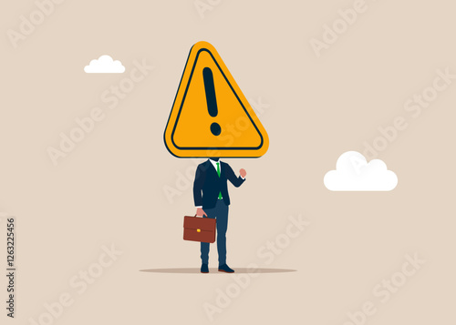 Businessman with a exclamation attention sign on shoulders. Incident management, root cause analysis or solving problem, identify risk or critical failure. Modern vector illustration in flat style. 