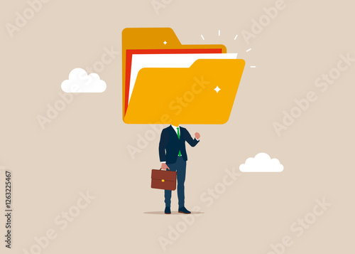 Businessman with a folder instead of a head on shoulders. Leadership skill or trust on work responsibility. Organize document files into archive folders. Flat vector illustration. 
