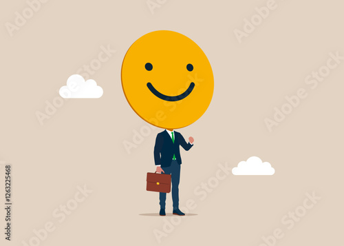 Businessman with a smile of a head on shoulders. Happiness and positive thinking, optimism or motivation to live happy life concept. Flat vector illustration. 