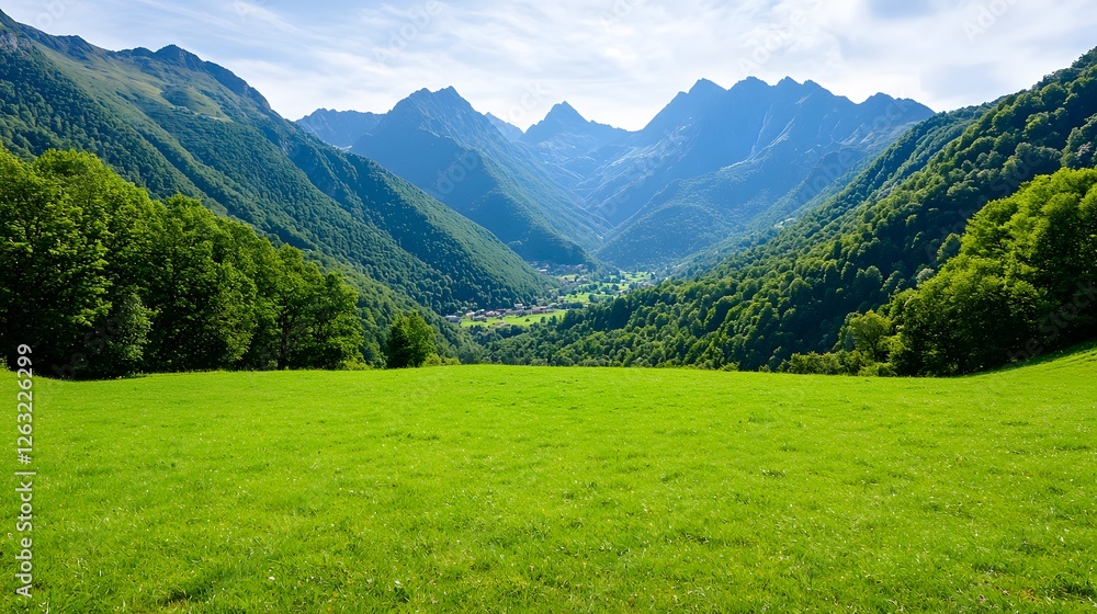 Naklejka premium Lush Green Meadow Surrounded by Majestic Mountains under Blue Sky