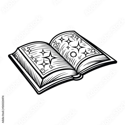 Create a vector illustration of an open book with a glowing, magical spar emanating from its pages.  Editable stroke paths are required.