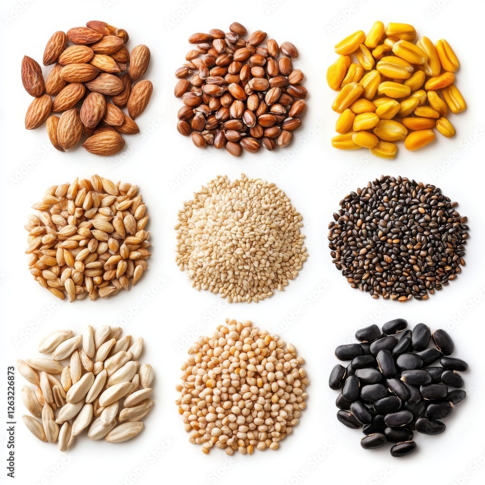 Naklejka premium Diverse Variety of Raw Nuts and Seeds Arranged in a Grid on a Light Background for Healthy Eating Concepts