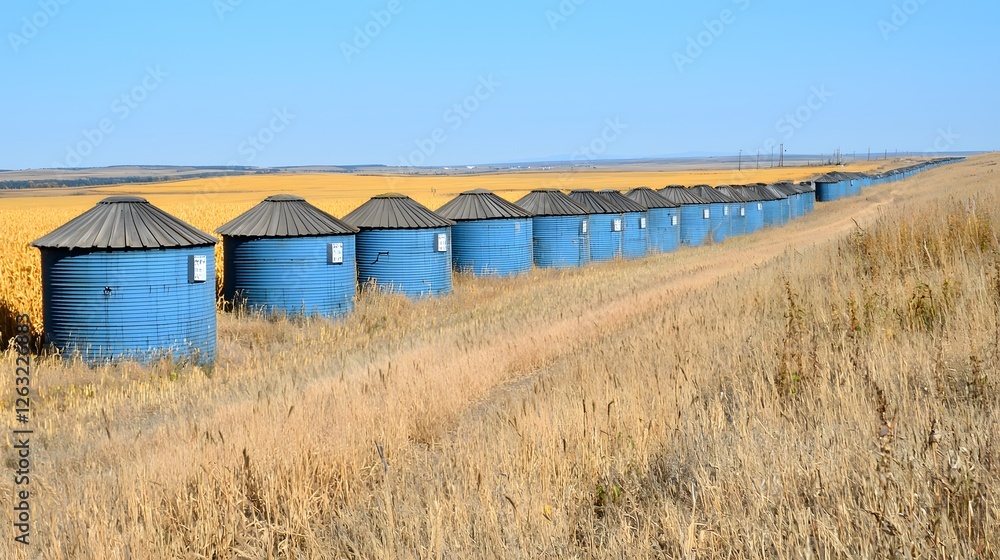 Blue Grain Silos Against Golden Field Under Clear Sky Landscape Blue Grain Silos Against Golden Field Under Clear Sky Landscape