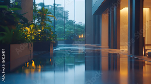 Serene Modern Lobby with Reflective Floors and Lush Greenery